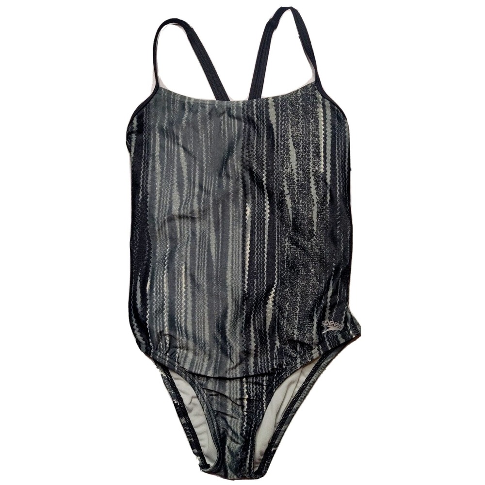 SPEEDO Women 6/32 Black Cascading Stripes Relay Back One Piece Swimsuit NEW